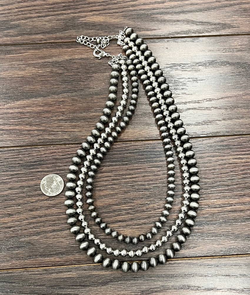 24” 3-strand Silver & Navajo Bead Necklace