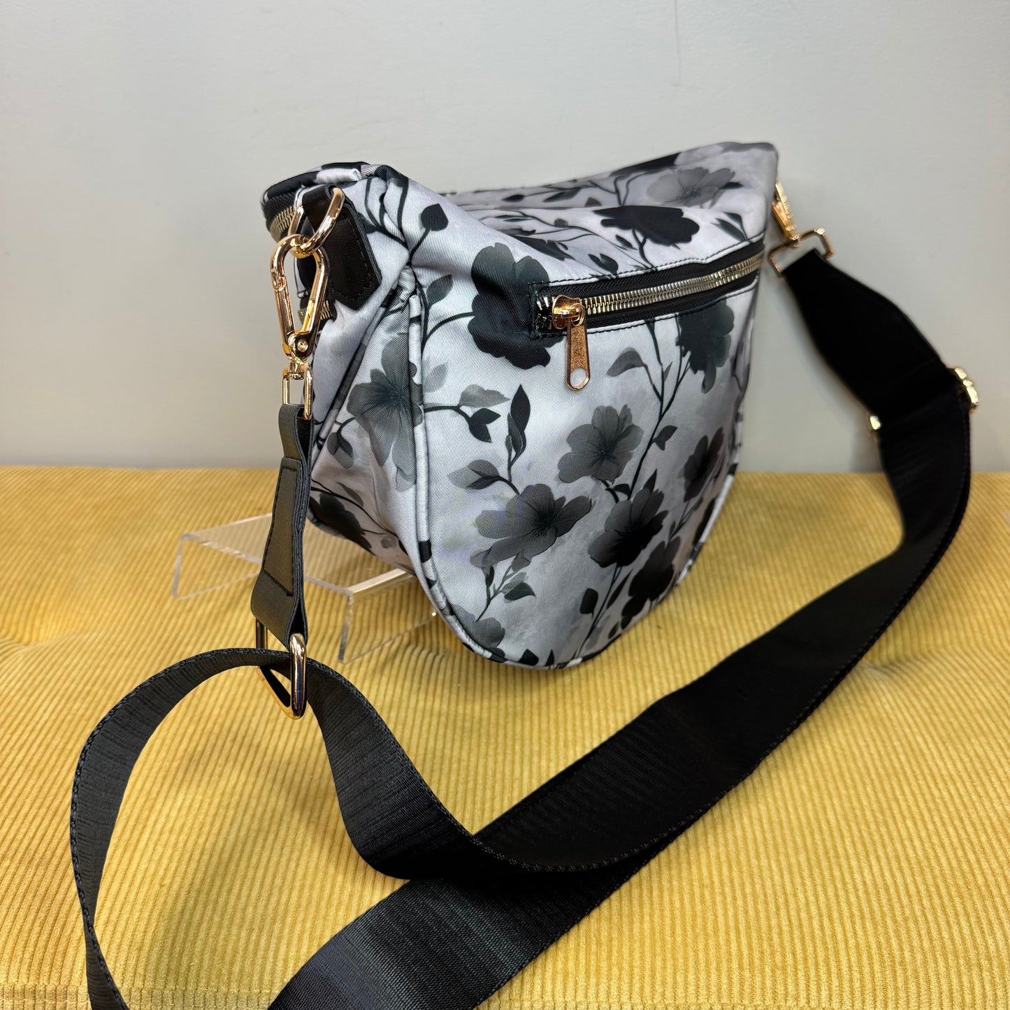 The Roni Nylon Crossbody - Floral Grey Black Shadow