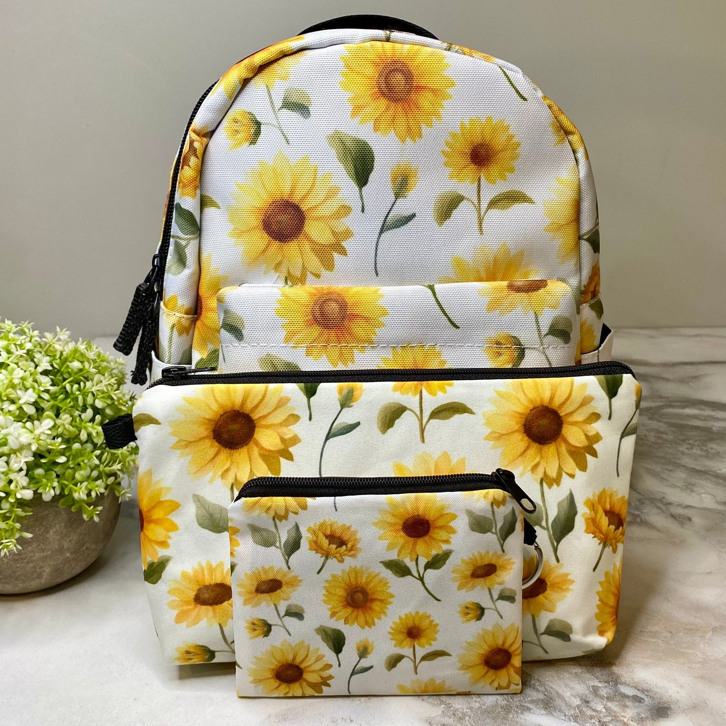 Mini Backpack, Pouch, & Mini Pouch Bundled Set - Sunflower on White