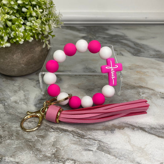 Silicone Bracelet Keychain - Religious, Jesus, White & Pink
