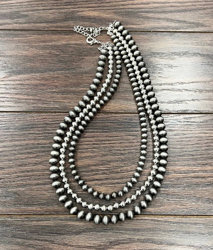 24” 3-strand Silver & Navajo Bead Necklace